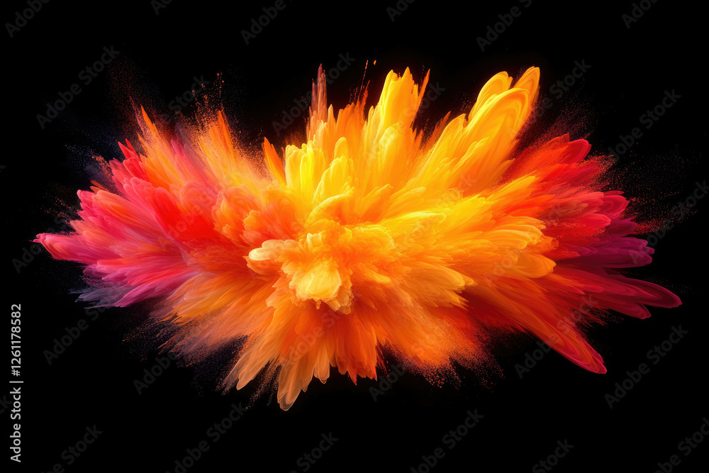 Poster vibrant explosion of orange and red powder, creating a dynamic and colorful abstract art piece.