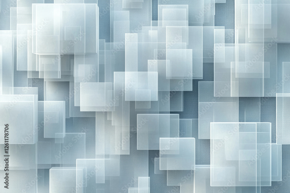Poster Abstract background of overlapping translucent squares in varying sizes and depths, creating a three-dimensional effect.