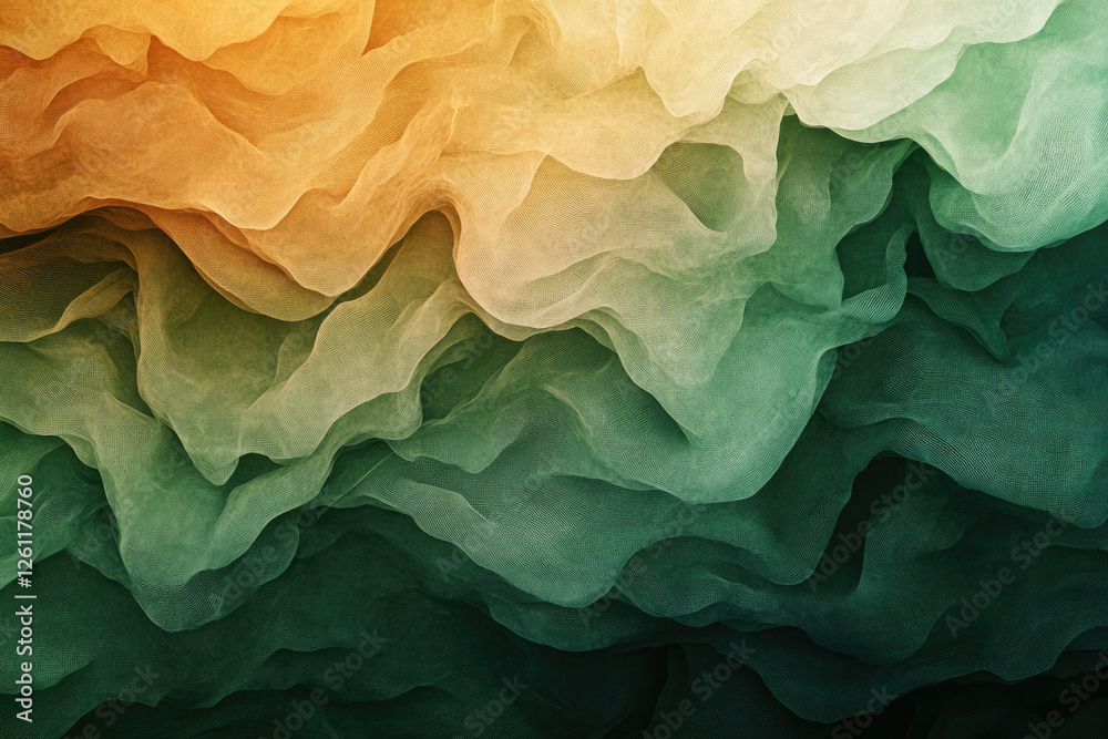 Poster abstract image of flowing, translucent fabric in shades of green and gold, creating a dreamy, ethere