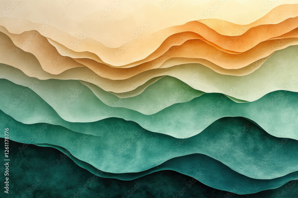Poster abstract layered landscape illustration with warm and cool color gradients, evoking a sense of depth