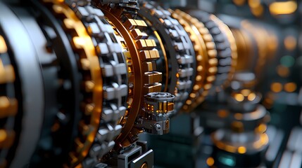 Fototapeta premium A close-up view of intricate gears and mechanical components showcasing metallic textures and a blend of silver and gold colors.