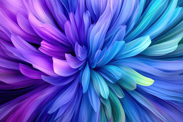 Abstract swirling flower with vibrant blue, purple, and teal petals creating a dynamic, colorful...