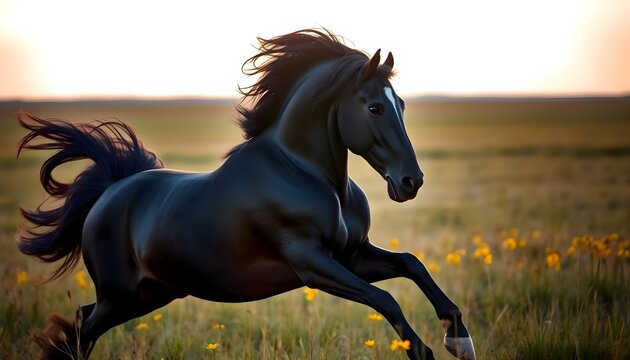 a black horse is galloping through a field - Powered by Adobe
