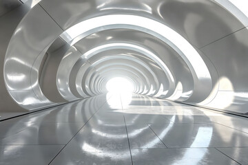 Obraz premium Futuristic background featuring a seamless metallic tunnel with radiant light and curved architecture, symbolizing progress, exploration, and advanced technology, for modern and conceptual projects