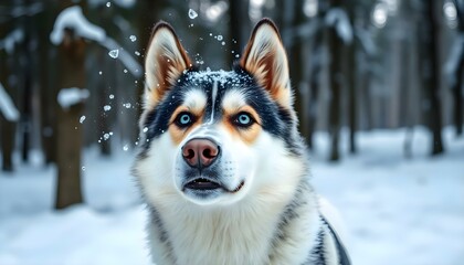 Naklejka premium a close up of a dog in the snow