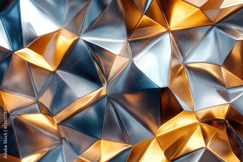 Poster abstract background of metallic gold and silver geometric shapes with a low-poly design.