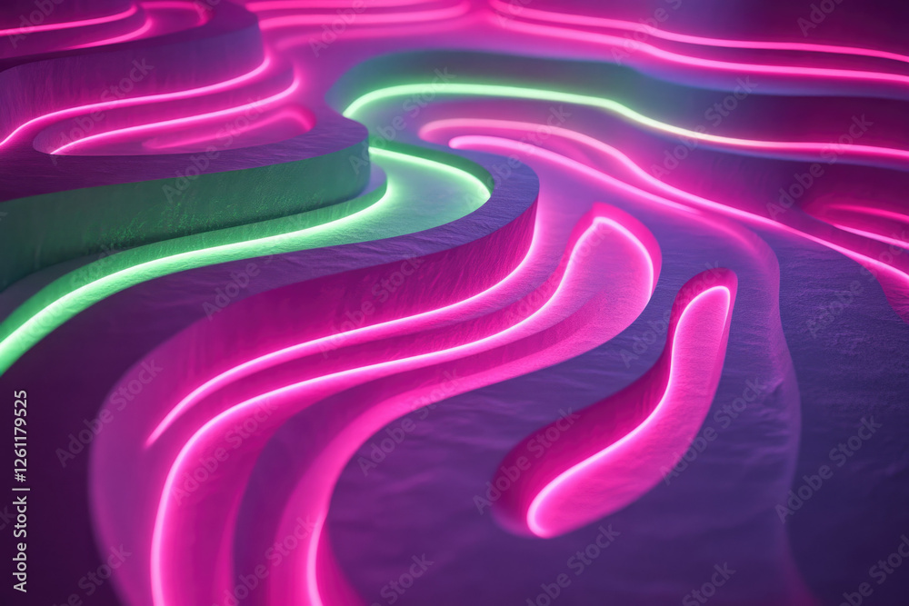 Aufkleber abstract 3d render of pink and green neon lights tracing undulating, layered surface.