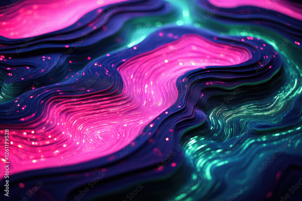Aufkleber abstract layered digital artwork with vibrant pink and teal glowing lines creating a wavy, undulatin