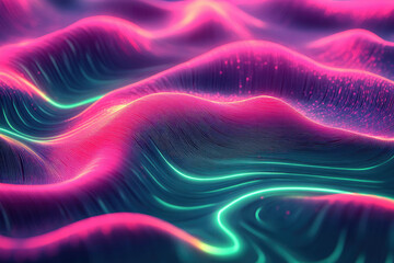 Abstract digital landscape with vibrant pink and teal waves, glowing lines, and particle effects.