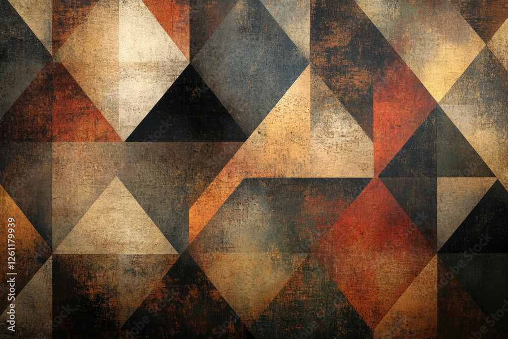 Poster abstract geometric pattern with textured triangles in earthy tones of brown, beige, and dark gray.
