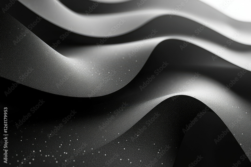 Poster Abstract grayscale image featuring undulating, textured surfaces with subtle light and shadow play.