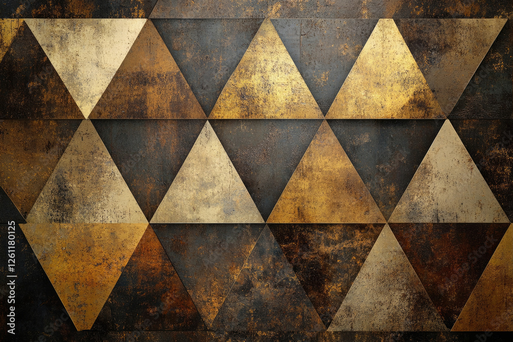 Poster geometric pattern of gold and dark triangles with a rustic, metallic texture.