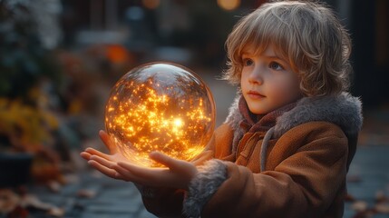 Naklejka premium Child holds glowing orb outdoors at night, autumnal setting