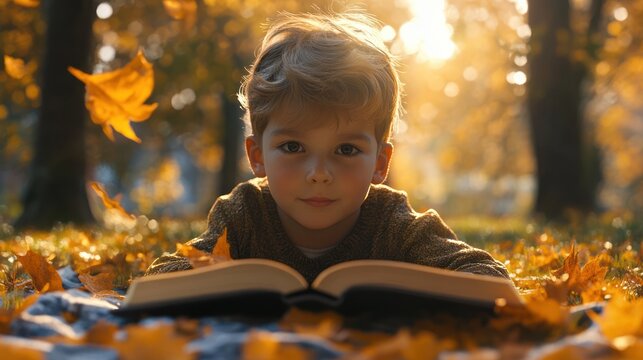 Boy reading book in autumn park, sunlight, leaves falling