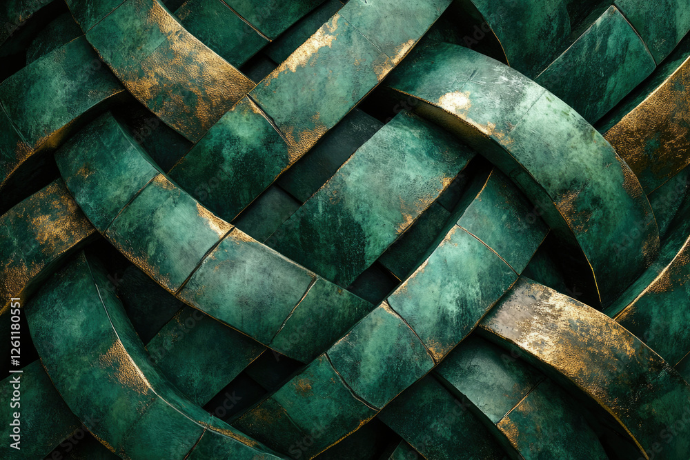 Poster intricate interwoven dark green and gold metallic textured pattern, creating a luxurious and sophist