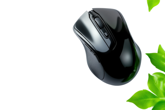 Wireless mouse amidst green leaves isolated on transparent background