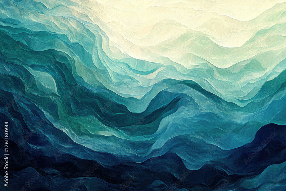 Poster abstract painting of flowing, wavy lines in shades of blue and green, creating a serene and calming 