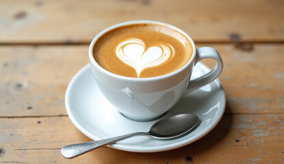 Fototapeta premium Close up white coffee cup with heart shape latte art on wood tab