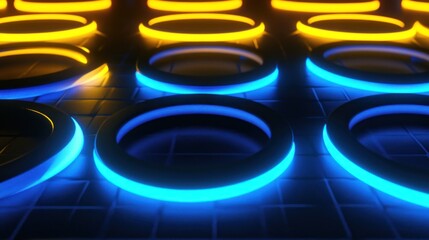 Glowing neon rings on dark grid, abstract background, digital art, website design