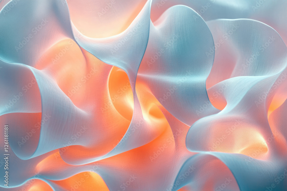 Poster abstract image of flowing, translucent fabric with pastel blue and orange hues creating a soft, drea