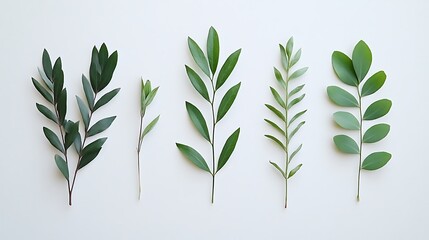 Fototapeta premium Green leaves, variety, flatlay, white background, botanical illustration