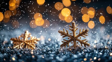 Fototapeta premium Festive gold snowflakes on glistening blue snow, warm bokeh lights in background