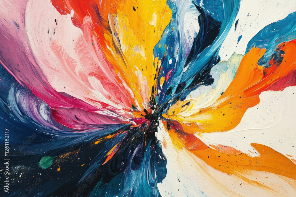 Poster vibrant abstract painting with swirling colors radiating from a central point, showcasing dynamic br
