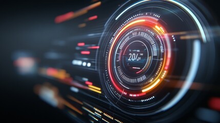 Futuristic Digital Interface with Speedometer and Colorful Effects
