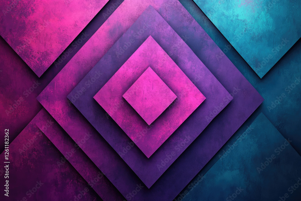 Poster abstract geometric design featuring nested squares in shades of pink, purple, and teal, creating a l
