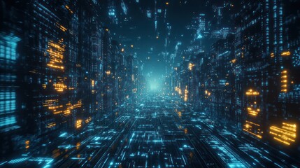 Fototapeta premium Digital city data stream, futuristic tunnel, glowing, network, background, technology, website