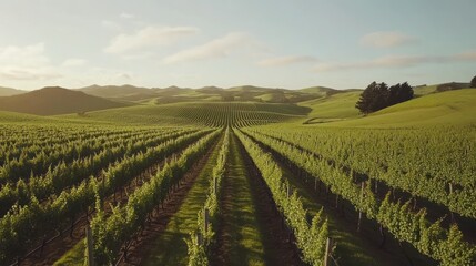 Fototapeta premium Vineyard Rows Rolling Hills Landscape Sunlit Scene