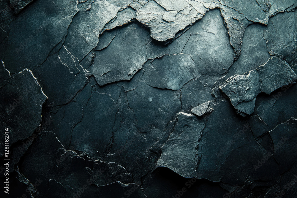 Poster Dark, textured stone background with deep crevices and rough surface.