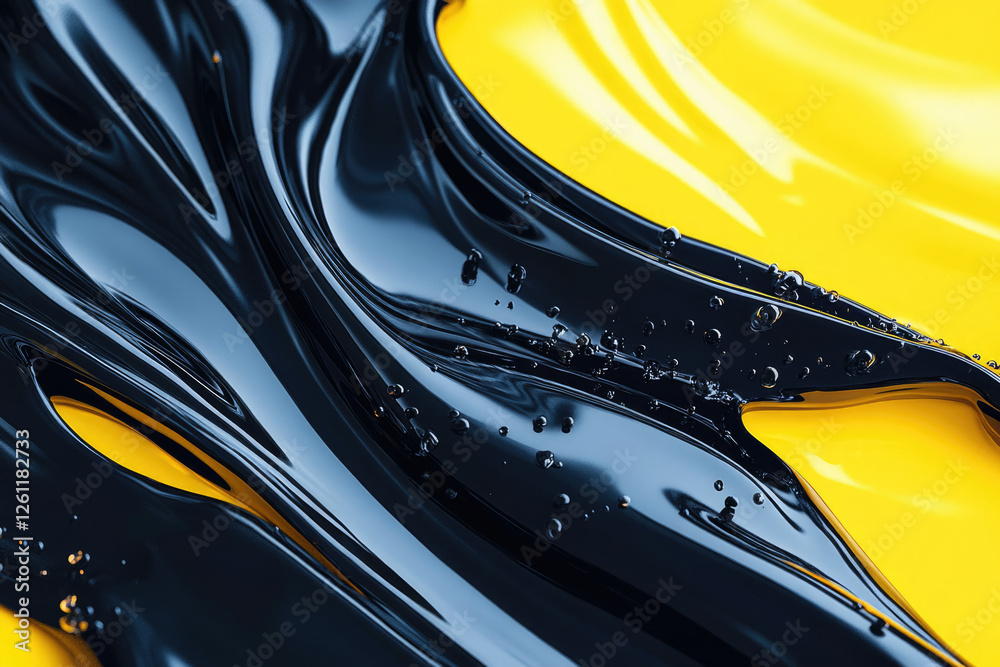 Poster Abstract image of flowing black and yellow liquid, creating dynamic, contrasting swirls and textures.
