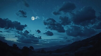 Serene Night Landscape Full Moon Night Sky Stars Clouds Mountain Silhouette Dark Blue Peaceful Nature Scene Tranquil Evening Dramatic Cloudscape art  
