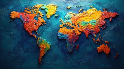 Colorful world map, textured relief, abstract background