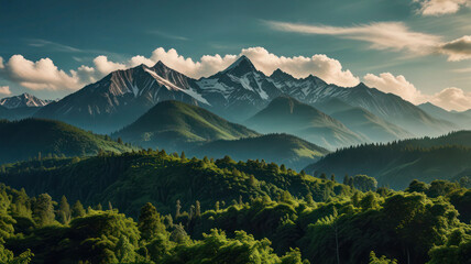 Majestic Mountain Range Surrounded By Lush Green Forest Background
