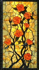 Stained glass artwork featuring orange roses and yellow light, creating a vibrant and romantic atmosphere in a decorative pattern.
