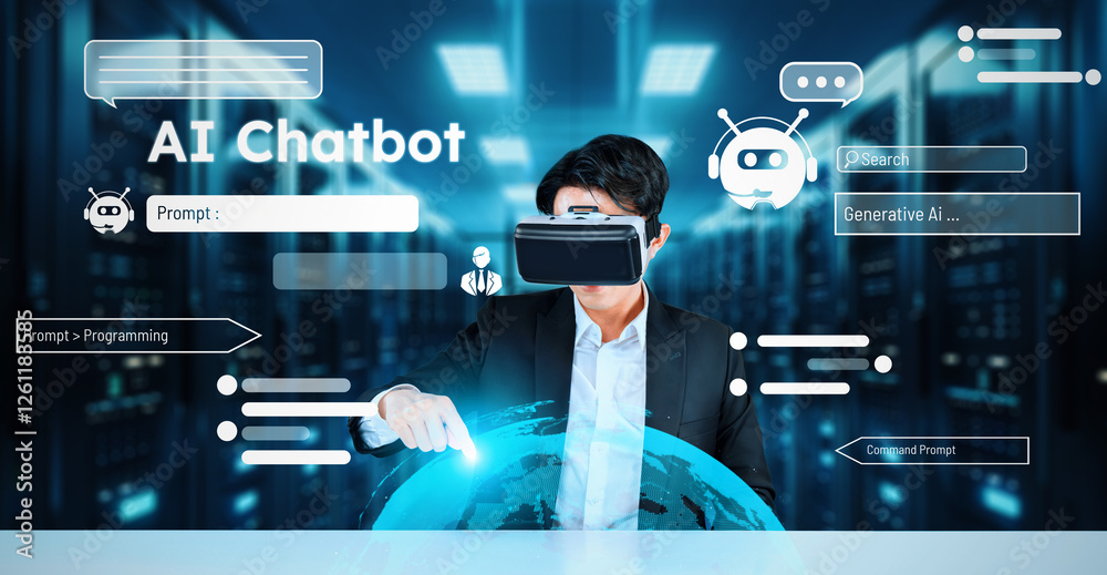 Poster business man with goggles working while using ai technology. project manager with formal suit checki