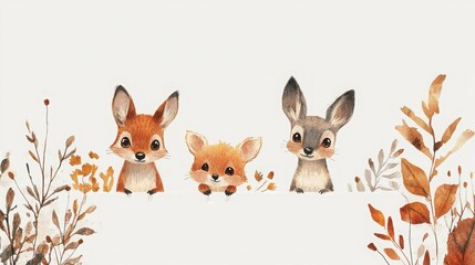 Watercolor animals peek over a white space. Fall leaves and stems frame the edges, creating a whimsical autumn scene.