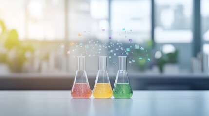 Colorful Laboratory Beakers with Abstract Digital Effects and Symbols