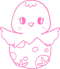 Adorable pink line art of a baby chick hatching from a decorated Easter egg. Perfect for Easter crafts, greeting cards, and kids' designs Outline