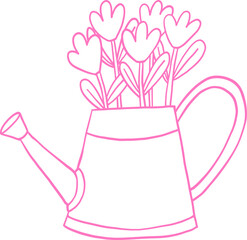 Minimalist pink line art of a watering can filled with blooming flowers. A charming botanical illustration perfect for gardening, spring, and decorative designs Outline