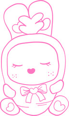 Retro Easter Adorable pink line art of a kawaii-style carrot character with closed eyes, a bow, and heart-shaped details. A whimsical illustration perfect for cute and playful designs Outline