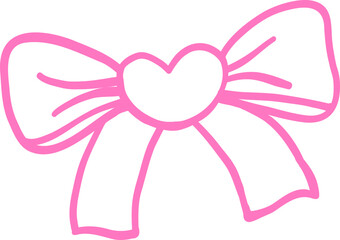 Minimalist pink line art of a decorative ribbon bow with a heart-shaped center. A charming and elegant illustration perfect for love-themed designs, fashion, and gift decorations Outline