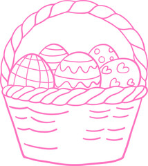 Minimalist pink line art of an Easter basket filled with decorative eggs. A festive and charming illustration perfect for spring, Easter, and holiday-themed designs Outline
