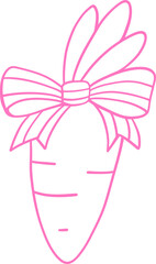 Pink line art illustration of a carrot with a decorative bow and leaves. A whimsical and charming design perfect for Easter, nature, and food-related themes Outline