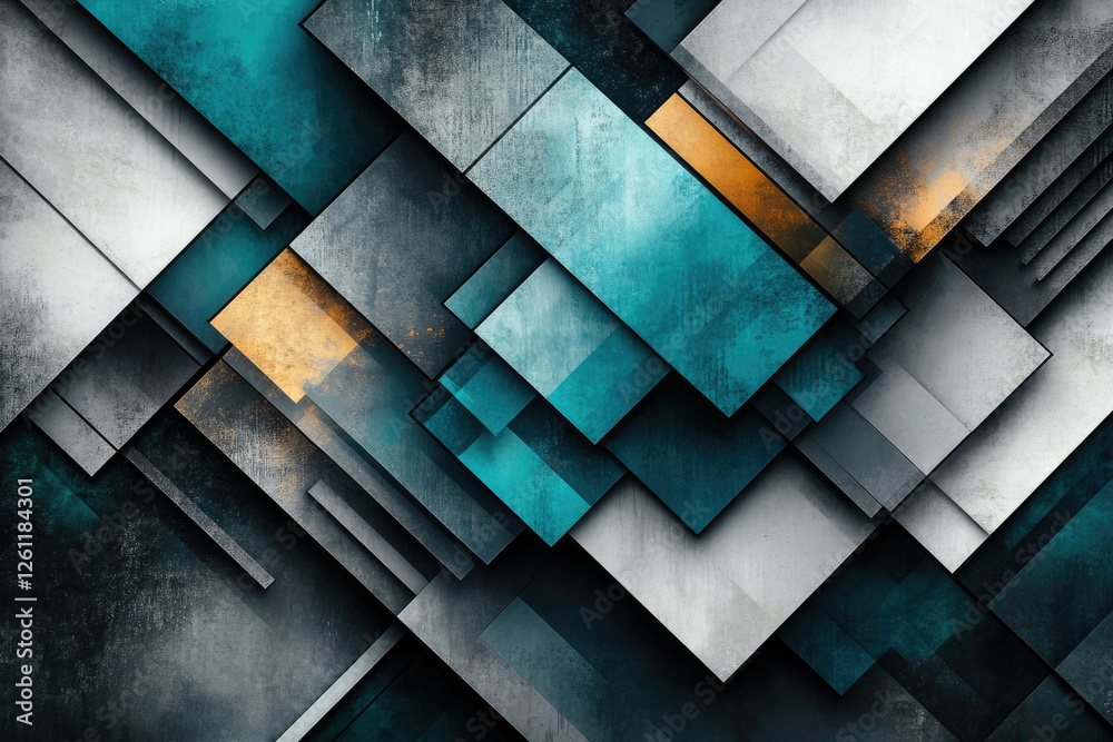 Poster Abstract geometric pattern with teal, gray, and gold squares, creating a modern and textured design.