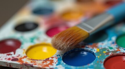 A close-up view of a paintbrush with vibrant bristles, resting on a palette filled with colorful paints
