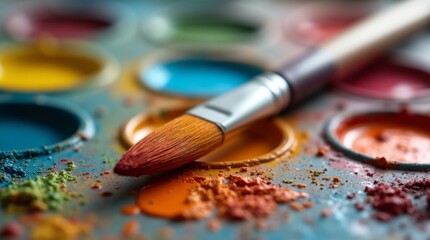 Fototapeta premium A close-up view of a paintbrush with vibrant bristles, resting on a palette filled with colorful paints