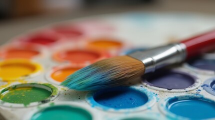 A close-up view of a paintbrush with vibrant bristles, resting on a palette filled with colorful paints